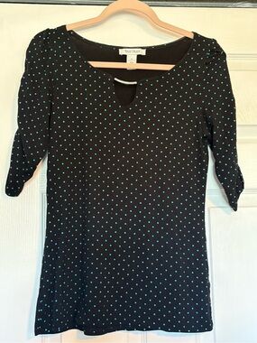 White House Black Market Black Top with Teal Polka Dots and Keyhole